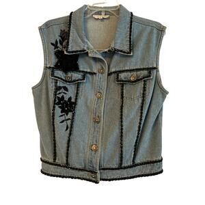 d. terrell ltd. Beaded Denim Vest Vintage Blue Jean Vest Size L